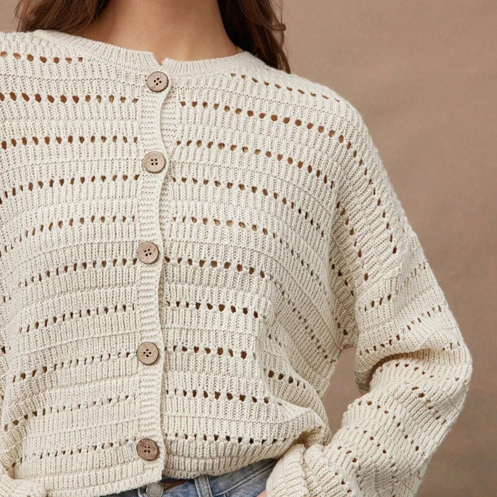 Apricot Casual Women's Crochet Open Knit Button Front Crewneck Cardigan Sweater - Picture 3 of 5